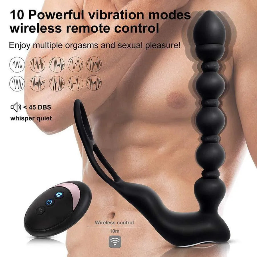 Remote Control Vibrating Anal Beads With Penis Ring